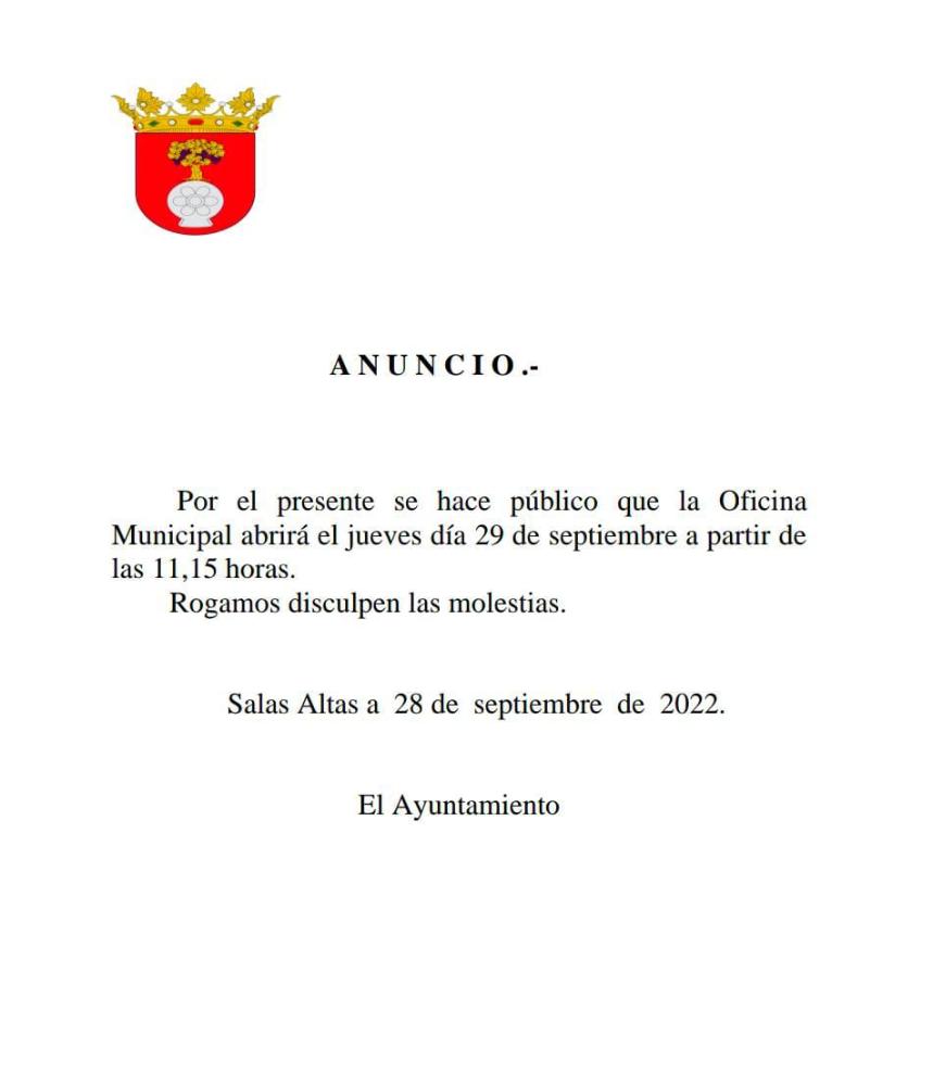 Imagen El jueves 29, apertura oficinas municipales a las 11:15h