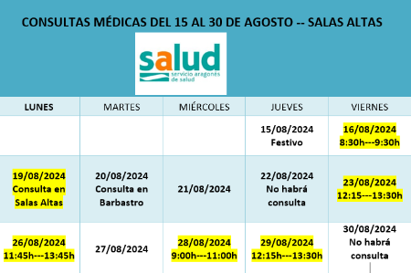 Imagen Del 15 al 30 de agosto Salas Altas abrirá la consulta médica 6 días